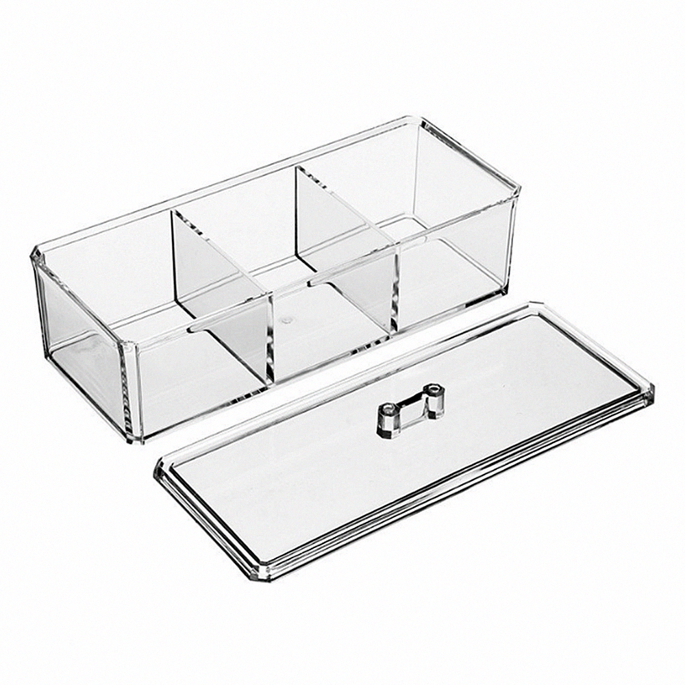 Clear Acrylic Desk Storage and Organizer, 3 Compartment Removable Grid Display Case Container with Lid for Jewelry, Teabag Box