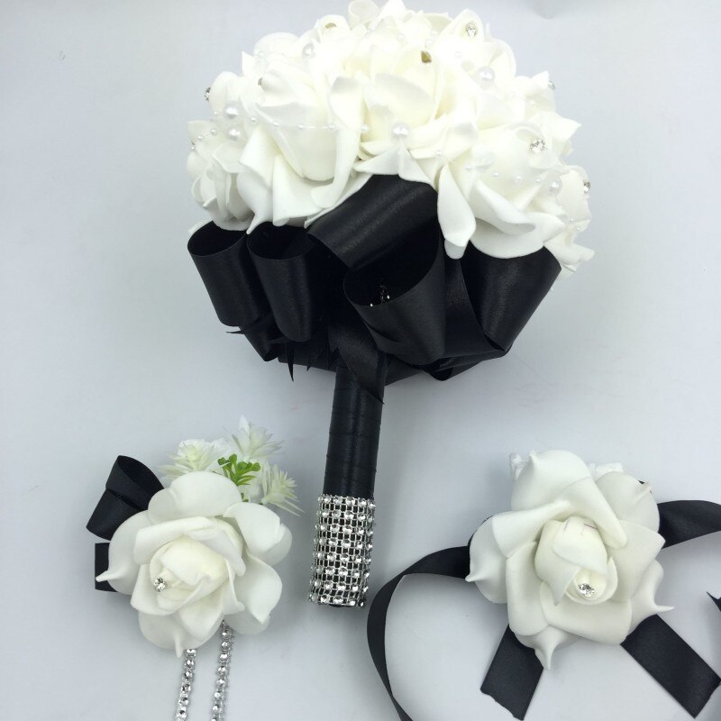 3 stks/set Bridal Bruidsmeisje Kunstbloemen houder Bruidsboeket Boutonniere Pols Corsage Set Thuis Party Bruid Accessoires: Black