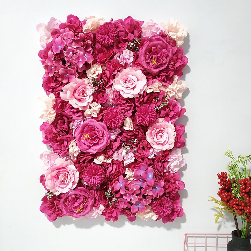 Kunstige blomster væg blomster række panel bryllup forsyninger rose pæon hortensia silke blomster bryllup baggrund dekoration: Mørk lyserød