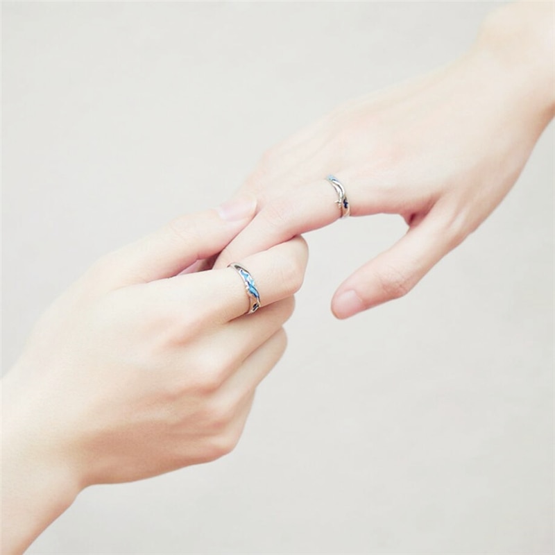 Única cor da memória pingando esmalte ondas baleia doce casal romântico 925 sterling silver feminino anéis de abertura redimensionáveis sri596