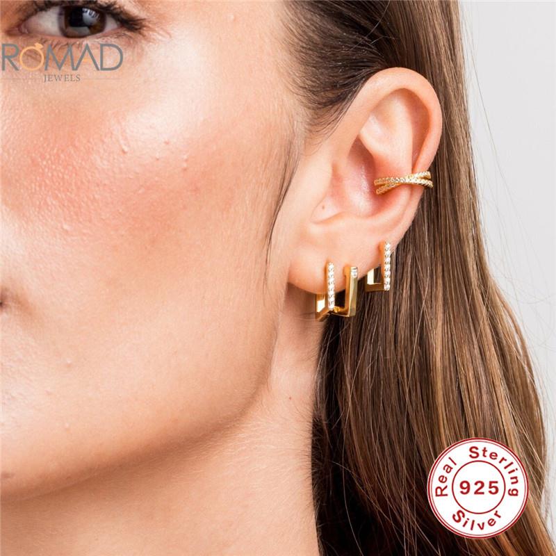 Romad 1 pcs 925 sterling silver earrings jewelry women trendy simple square diamond daily matching hoop earrings aretes de mujer
