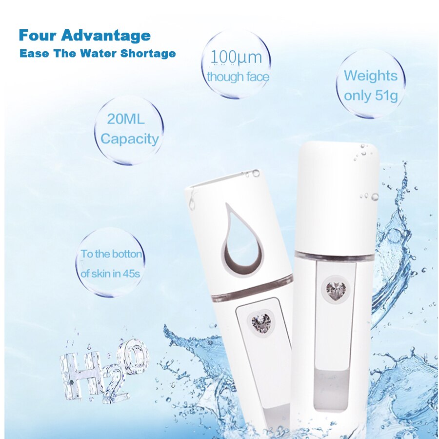 Mistgenerator, draagbare luchtbevochtiger, gezichtsfijne nanospray, automatische uitschakeling,  in 60s oplaadbare batterijen, led-nachtlampje