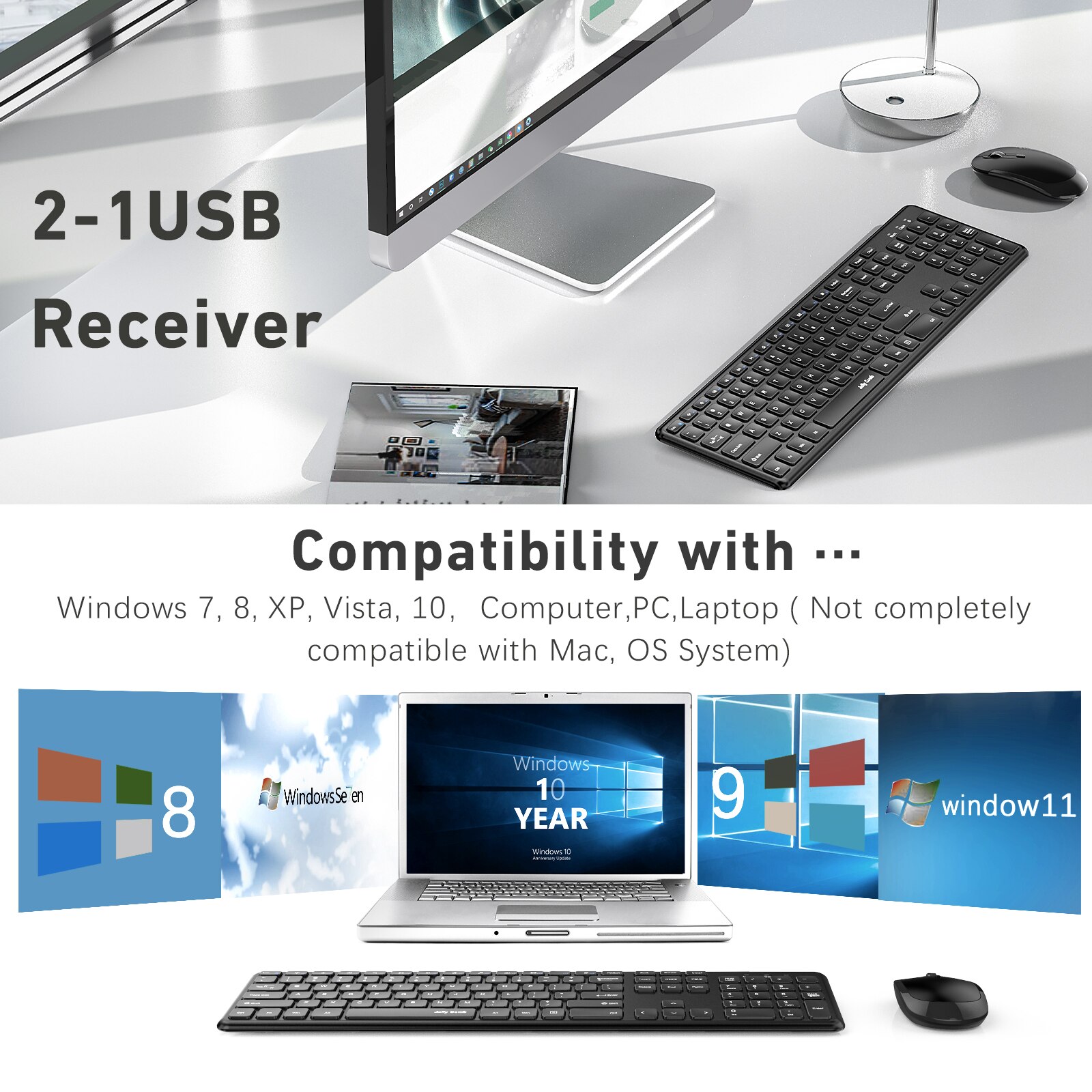 Jelly Comb 2.4G Wireless Keyboard and Mouse Combo Full Size Wireless Keyboard Ultra-Thin Mousee for Computer Laptop PC Deskt