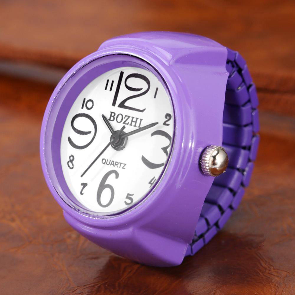 Levendige Snoep Kleur Grote Cijfers Mini Vinger Ring Horloge Elastische Band Quartz Horloge Vinger Ring Horloges Staal Ronde Elastische Horloge: purple