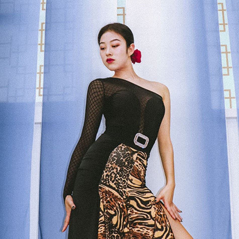 Latin Dance Dress Women Black One Side Sleeve Latin Dance Tops for Ballroom Samba Tango Chacha Dancing Performamnce T039