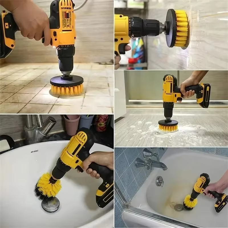 Kit de cepillo de taladro eléctrico, limpiador multiusos, herramientas de limpieza de neumáticos de coche para azulejos, baño, cocina, cepillos redondos de plástico