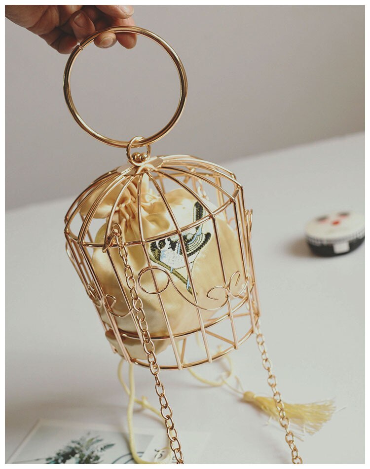 Gouden Kwastje Handtas Vrouwen Birdcage Avondtasje Clutch Metalen Frame Borduurwerk Emmer Vogelkooi Mini Bag Purse