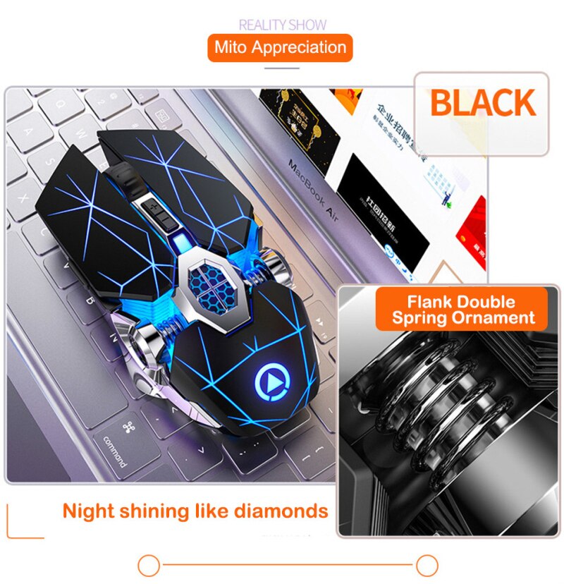 Wireless Gaming Mouse Rechargeable Silent Mouse LED Backlit 2.4G USB 1600Dpi Optical Ergonomic Mouse Gamer For Desktop PC Laptop: Black