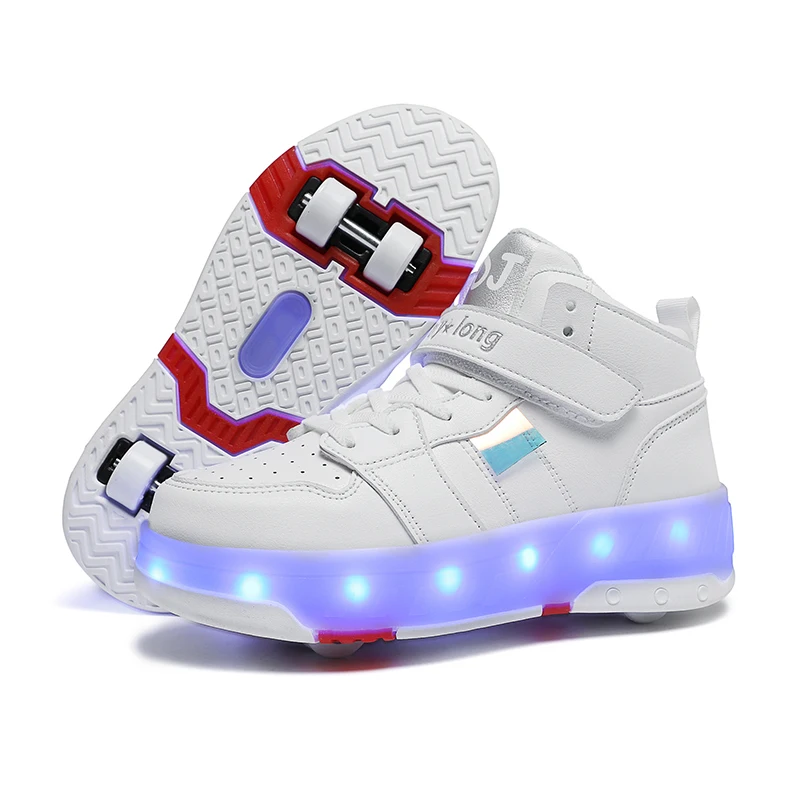 Roller Skates with Lights 4 Wheels Removable Wheels Shoes Men and Women High Top Breathable Sports Shoes Teenagers: WHITE / 41