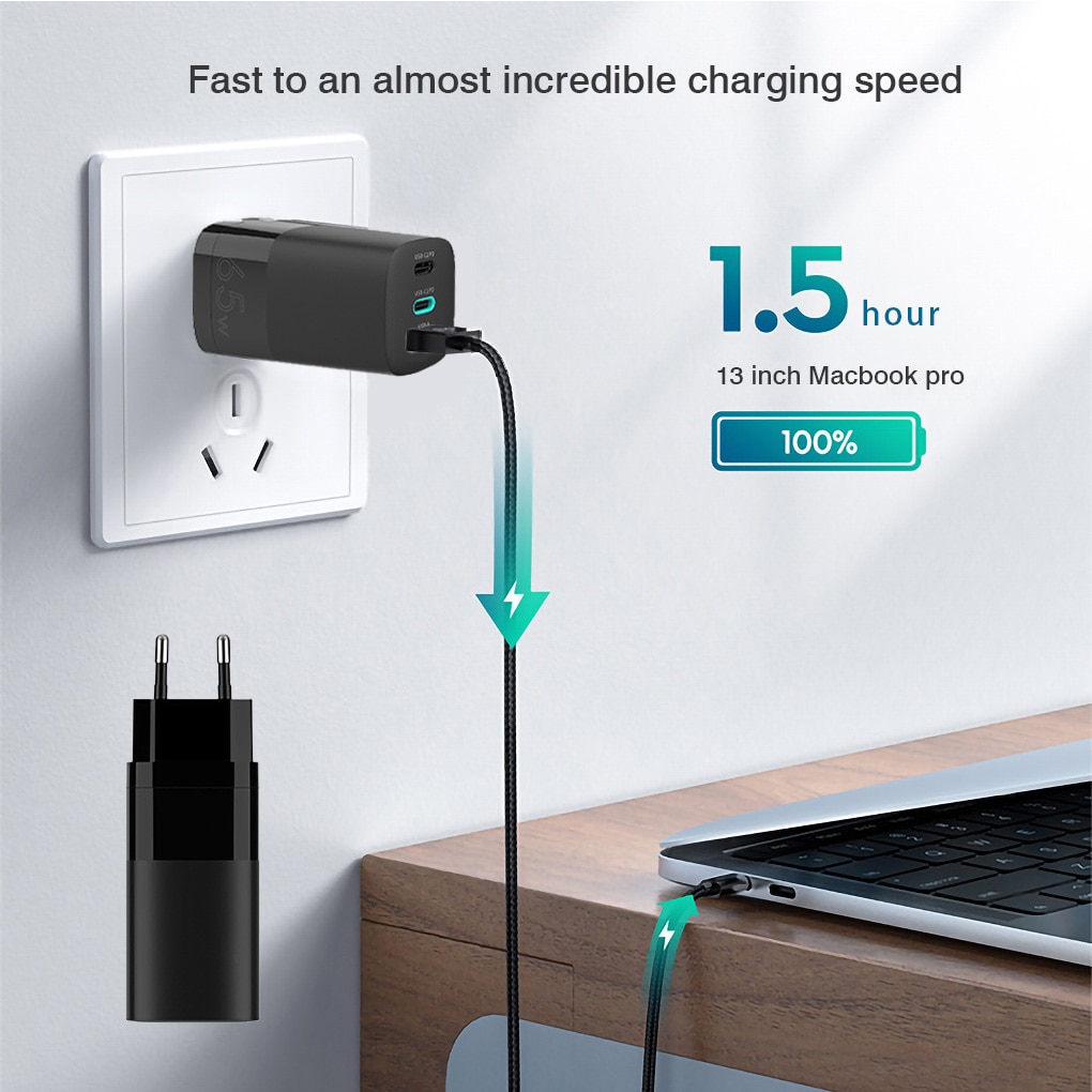 Chargeur mural 65W GaN QC3.0 Type C PD, double USB, adaptateur de Charge rapide pour iPhone 11 12 Xiaomi Huawei