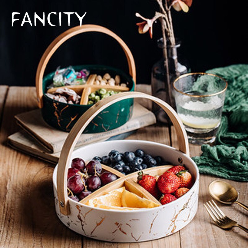 FANCITY ceramic grid plate with lid dried fruit plate fruit platter Nordic living room household fruit box snack snack
