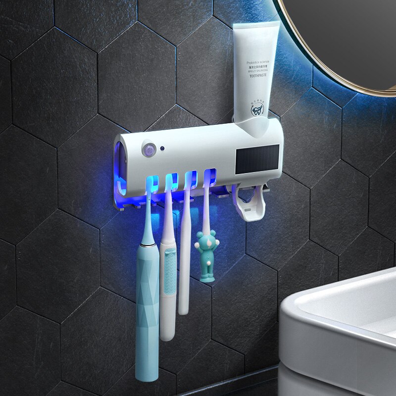 PEISI UV Toothbrush Holder Sterilizer Toothpaste Squeezer Dispenser LED Displayed Timming Disinfection Bathroom Accessories Set: B White