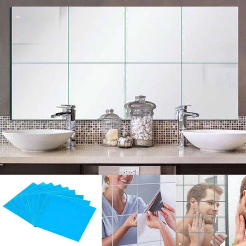 16Pcs 15CM Square Mirror Glass Tile Wall Stickers Decal Mosaic Home Decor Mount Frameless Mirror Glass Clamps Bathroom Glass