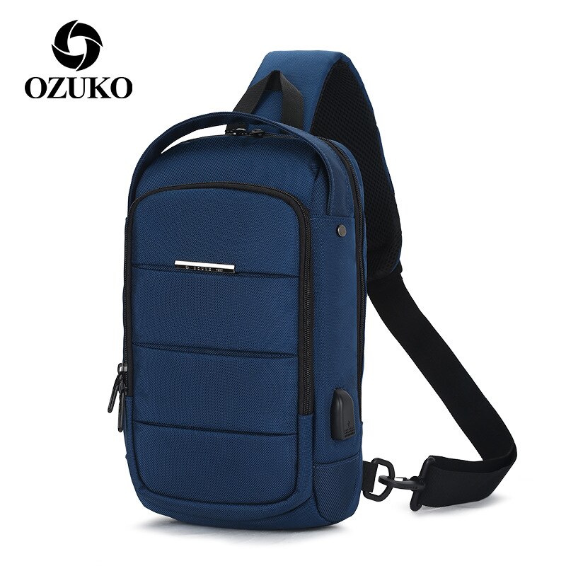 OZUKO sacs à bandoulière imperméables hommes poitrine Pack homme sac à bandoulière grande capacité Oxford poitrine sacs USB sacs de charge pour hommes: Blue