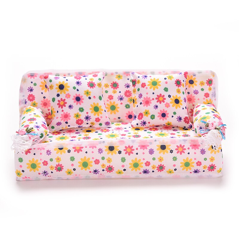 1Set Leuke Miniatuur Poppenhuis Meubels Bloem Doek Sofa Met 2 Kussens Voor Pop Kid 'S Speelhuis Speelgoed