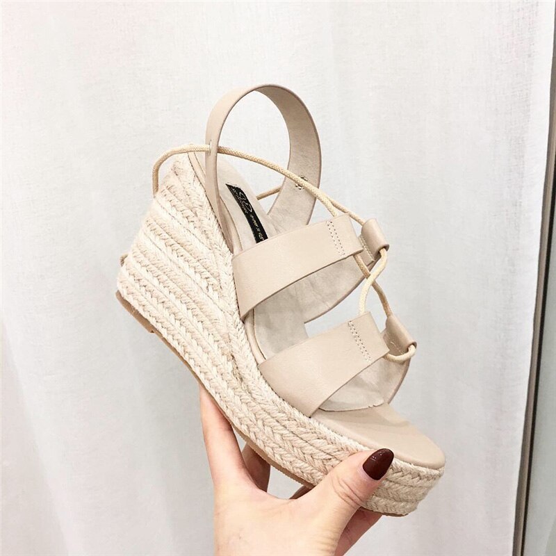 Summer Women Lace Up Platform Sandals Gold Nude High Heels Wedge Sandals Peep Toe Cork Sandals Party Shoes: Beige / 6.5