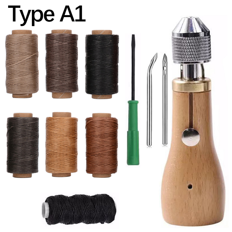 Leather Sewing Awl Set with Flat Waxed Thread Overstitch Wheel Needle Shoemaker Stitch Awl Manual Speedy Stitcher Leathercraft: Type A1