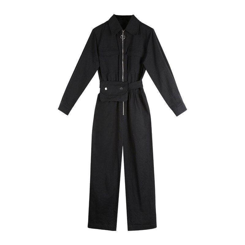 Dame jumpsuit romper langærmet safari stil sort vinter efterår jumpsuit kvindelige streetwear overalls med bælte  wj50: S