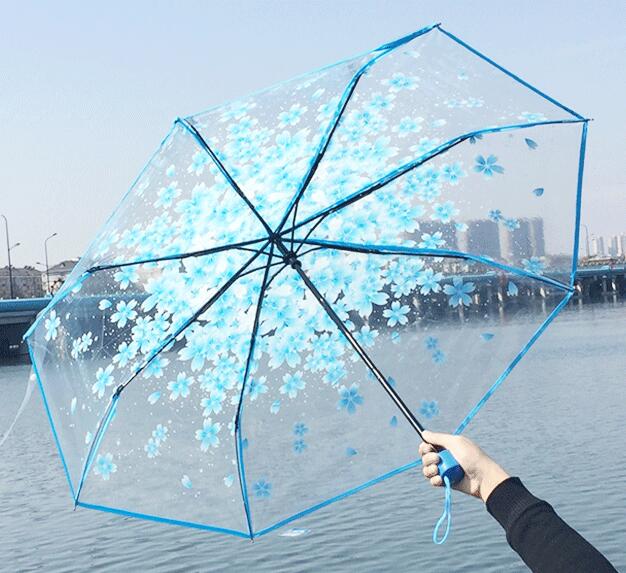 Paraguas transparente con forma de cúpula de burbujas para mujer, sombrilla romántica semiautomática con de flores transparentes para el sol y lluvia intensa: blue 60cm