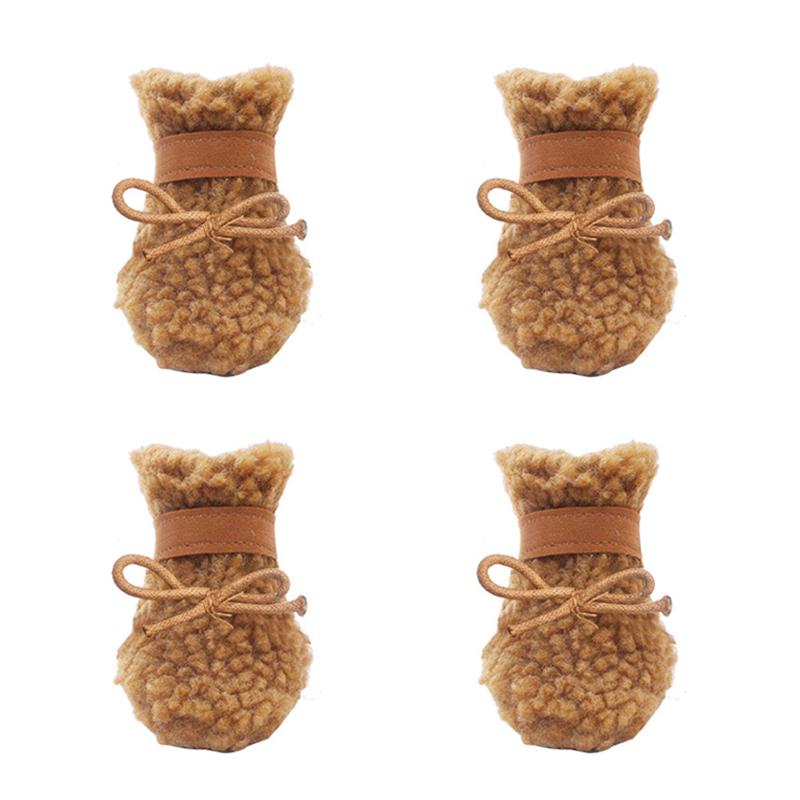 4Pcs Pluche Hond Snowboots Winter Hond Schoenen Outdoor Anti-Slip Pet Schoeisel Teddy Puppies Snowboots (bruin): 5.5X5CM