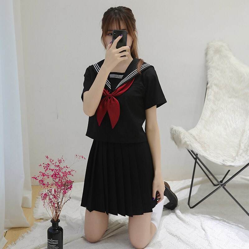 Japanese Sailor Suit School Girl Uniform JK Black Basic Orthodox Sailor Uniform Student Classic Clothes Schoolgirl Pleated Skirt: Short Sleeve Set / M