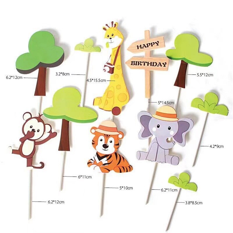 Décoration de Cupcake Safari dans la Jungle, bannière de joyeux anniversaire, drapeaux de gâteau d&#39;animaux pour fête d&#39;anniversaire, fournitures de pour enfants garçons: 11pcs cake topper