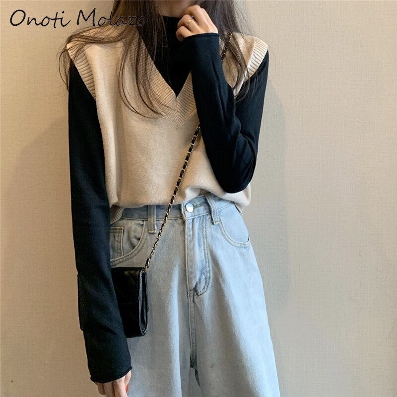 Onoti syksy kiinteä korealaistyylinen neulepusero liivi naiselle neulepusero talvi rento naiset pull femme hiver