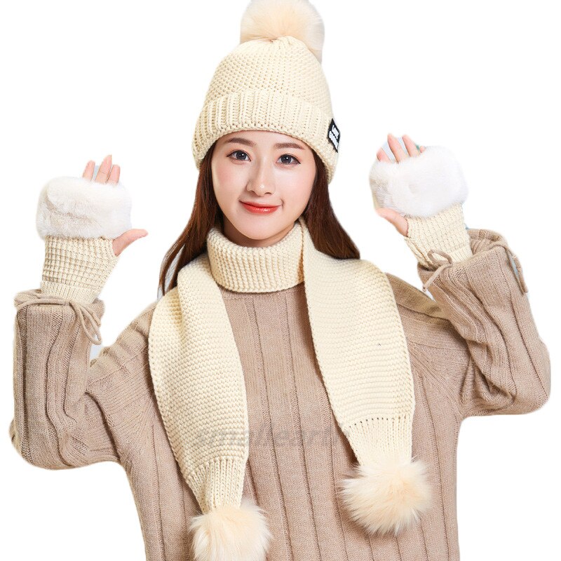 Vrouwen Hoeden Sjaal Handschoen Drie Stukken Sets Winter Gebreide Muts Sjaal Vrouwen Gorros Casual Lange Sjaal Chapeu Feminino bone: beige