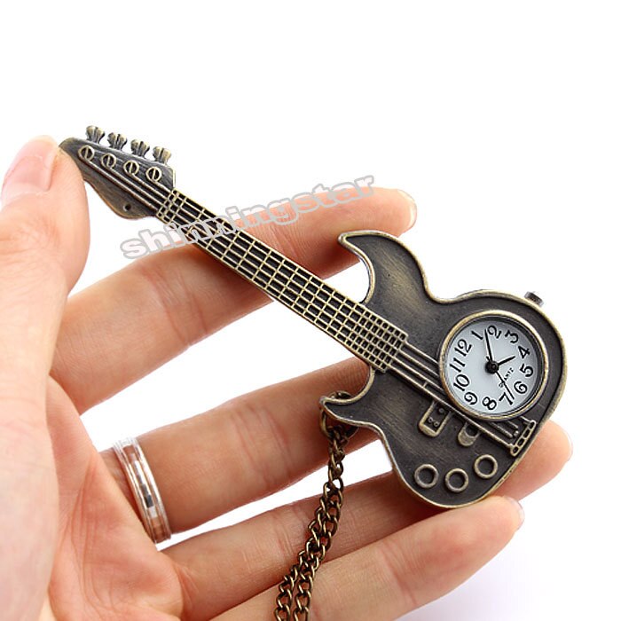 Kleine Zakhorloge Ketting Vrouwen Mode-sieraden Brons Mini Size Gitaar Quartz Pocket Horloges Hanger Meisjes Vrouwen Little