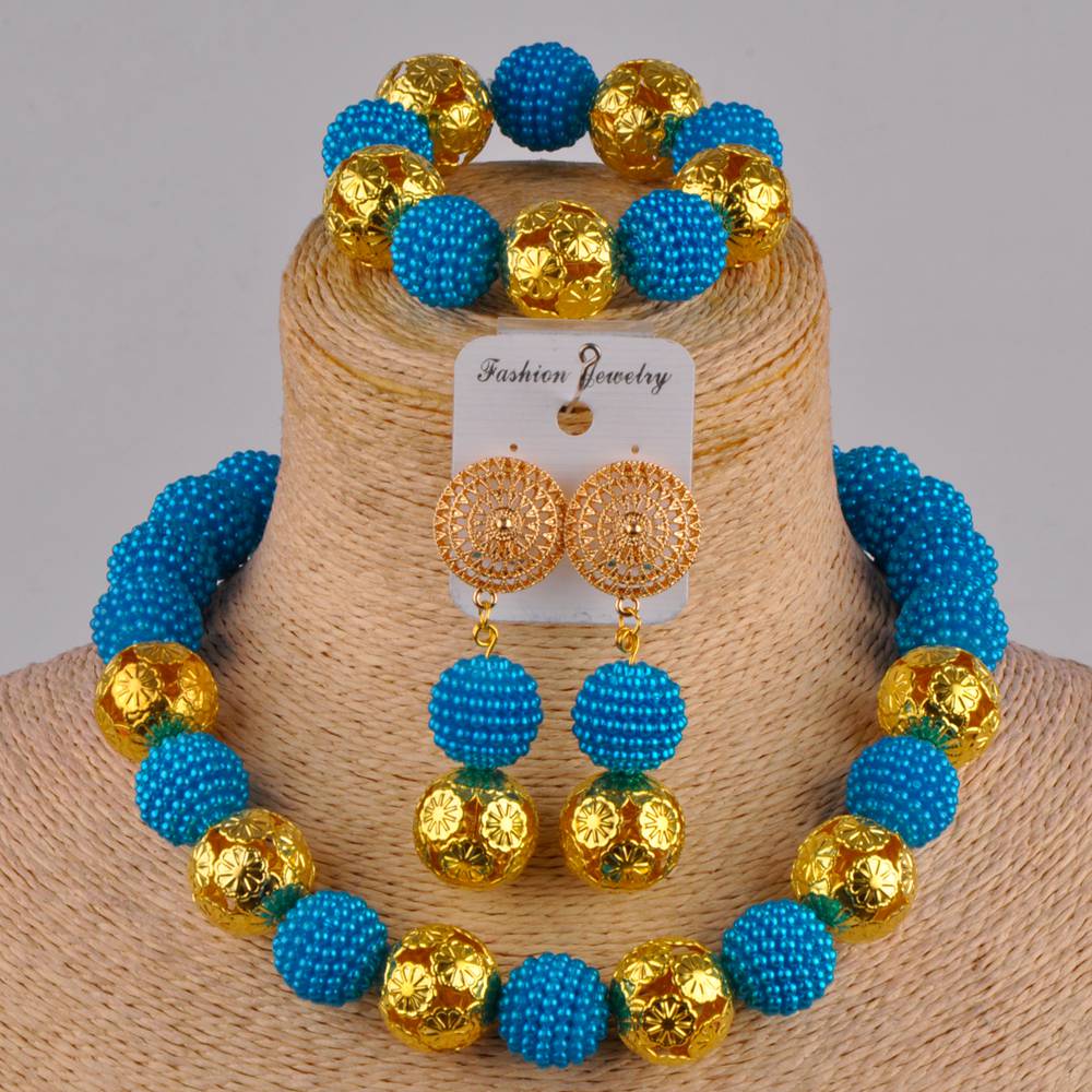 Klassieke nigeriaanse trouwsieraden, afrikaanse bruidsjurkaccessoires, perzikkleurige imitatieparelkettingset (az -77): Meerblauw