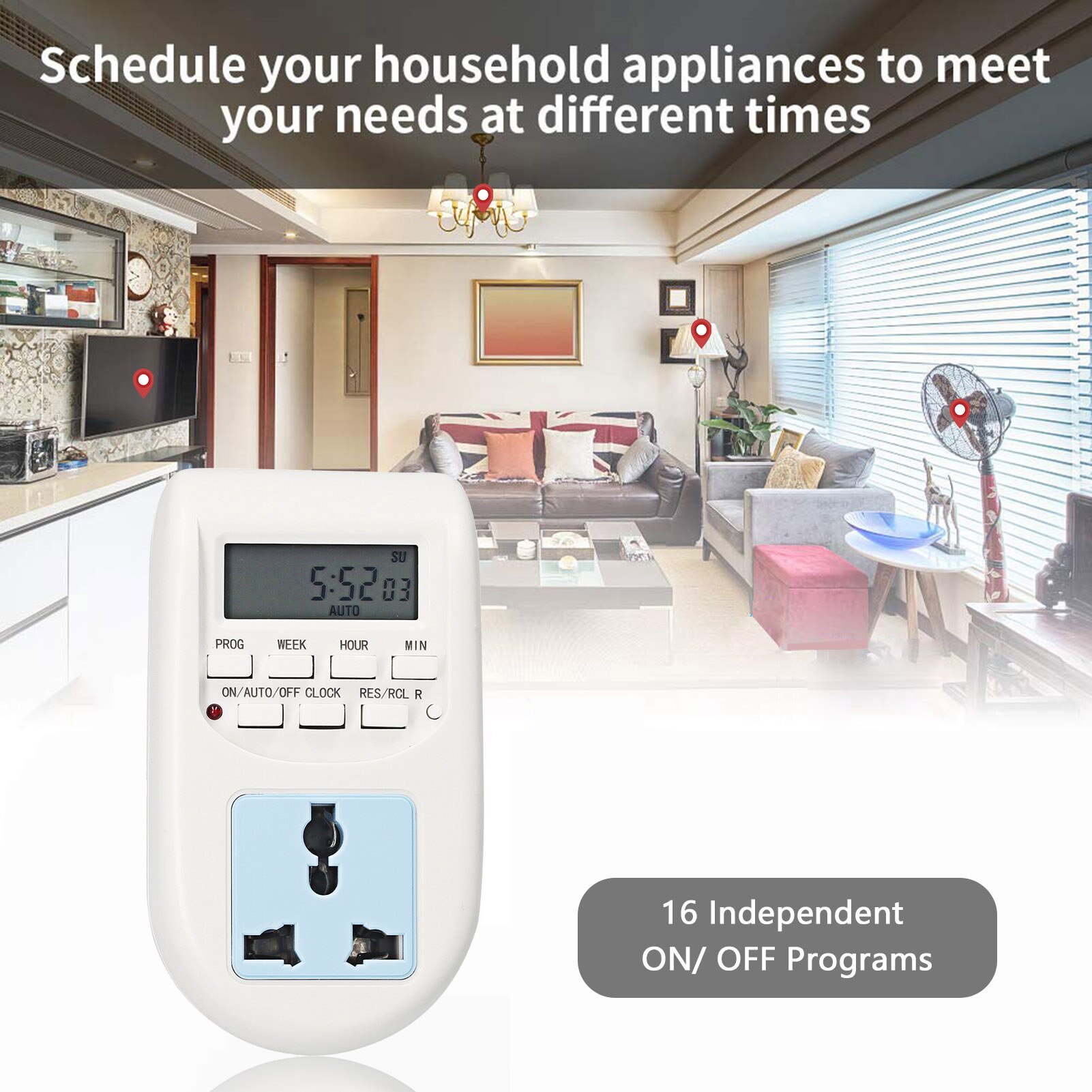 Plug-in Digital Timer Switch Weekly Programmable Electrical Timer Outlet 16 Independent ON/ OFF Programs (220V-240V, EU Plug)