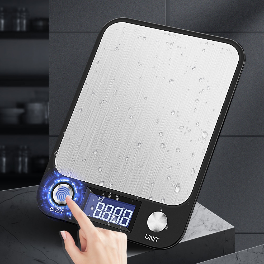 Báscula de cocina con botón táctil, balanza Digital multifunción de acero inoxidable para pesar alimentos, 10kg x 1g, pantalla LCD
