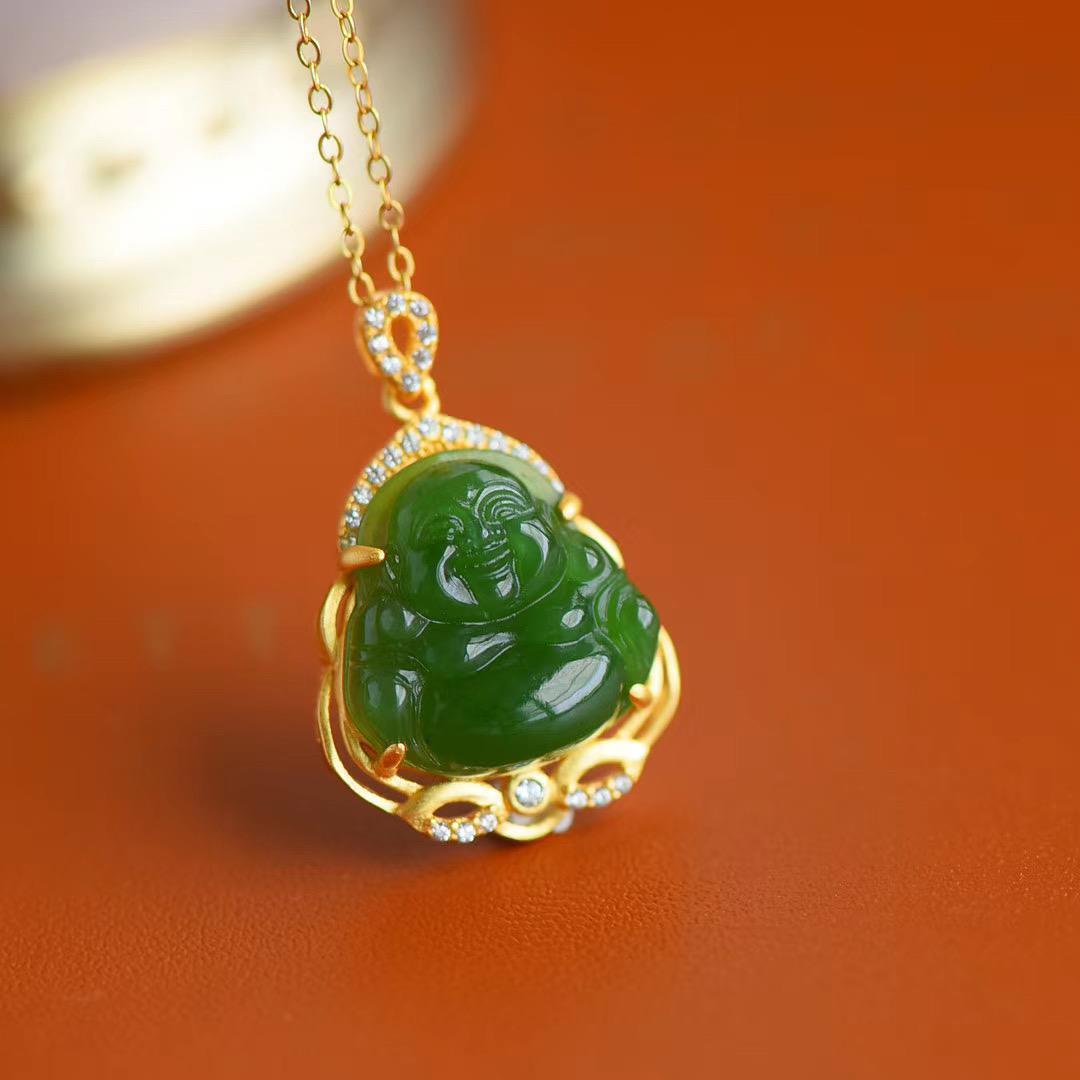 Selected Natural Hetian Jade Green Jade Small Maitreya Smiling Buddha Pendant S925 Sterling Silver Necklace for