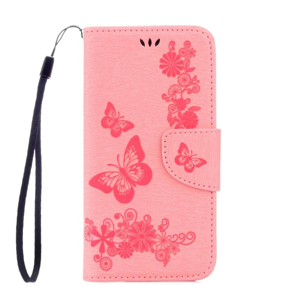 FULAIKATE for Sony Xperia XA1 Ultra Flip Case Matte Embossed Butterfly Strap Stand Back Cover Holster with Card Pocket Mt Cases: Pink
