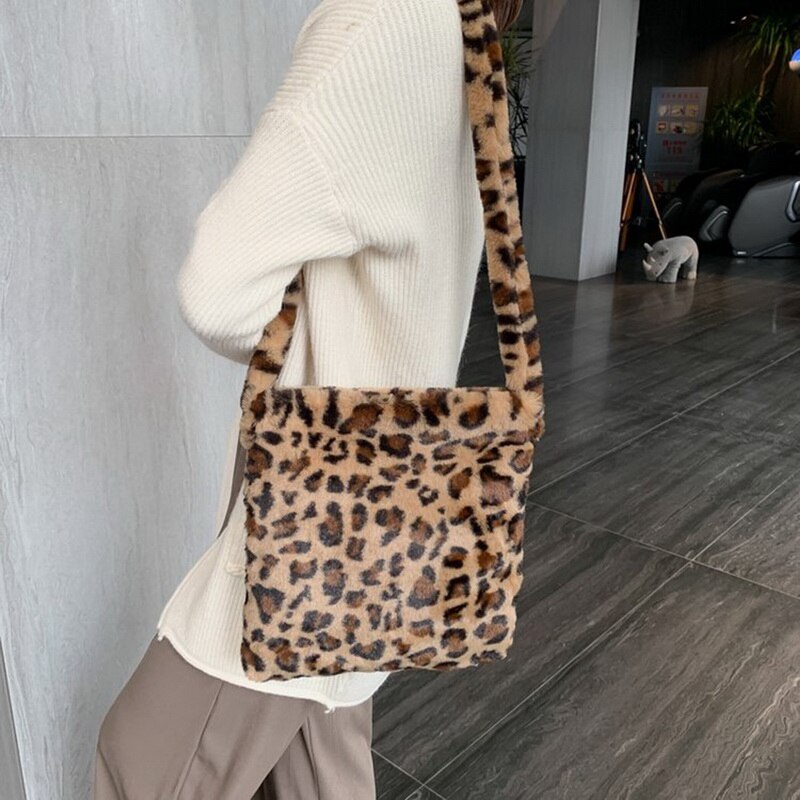 Sacos de ombro de pelúcia de leopardo quente para o outono e inverno das senhoras da forma do vintage bolsas femininas grande capacidade saco do mensageiro