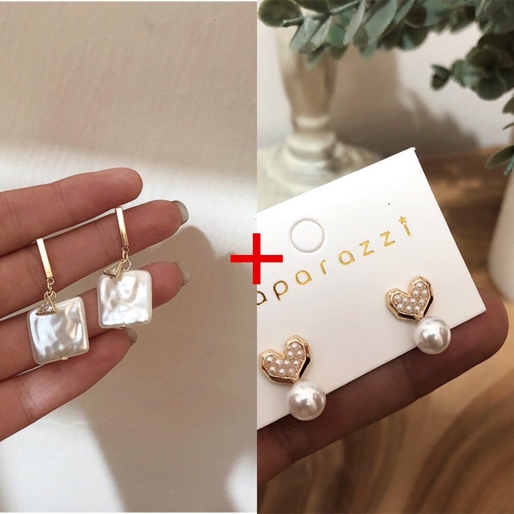 Korea Retro Square Acrylic Pearl Temperament Simple Zircon Earrings Baroque Metal Girl Party Ladies Earrings: 6