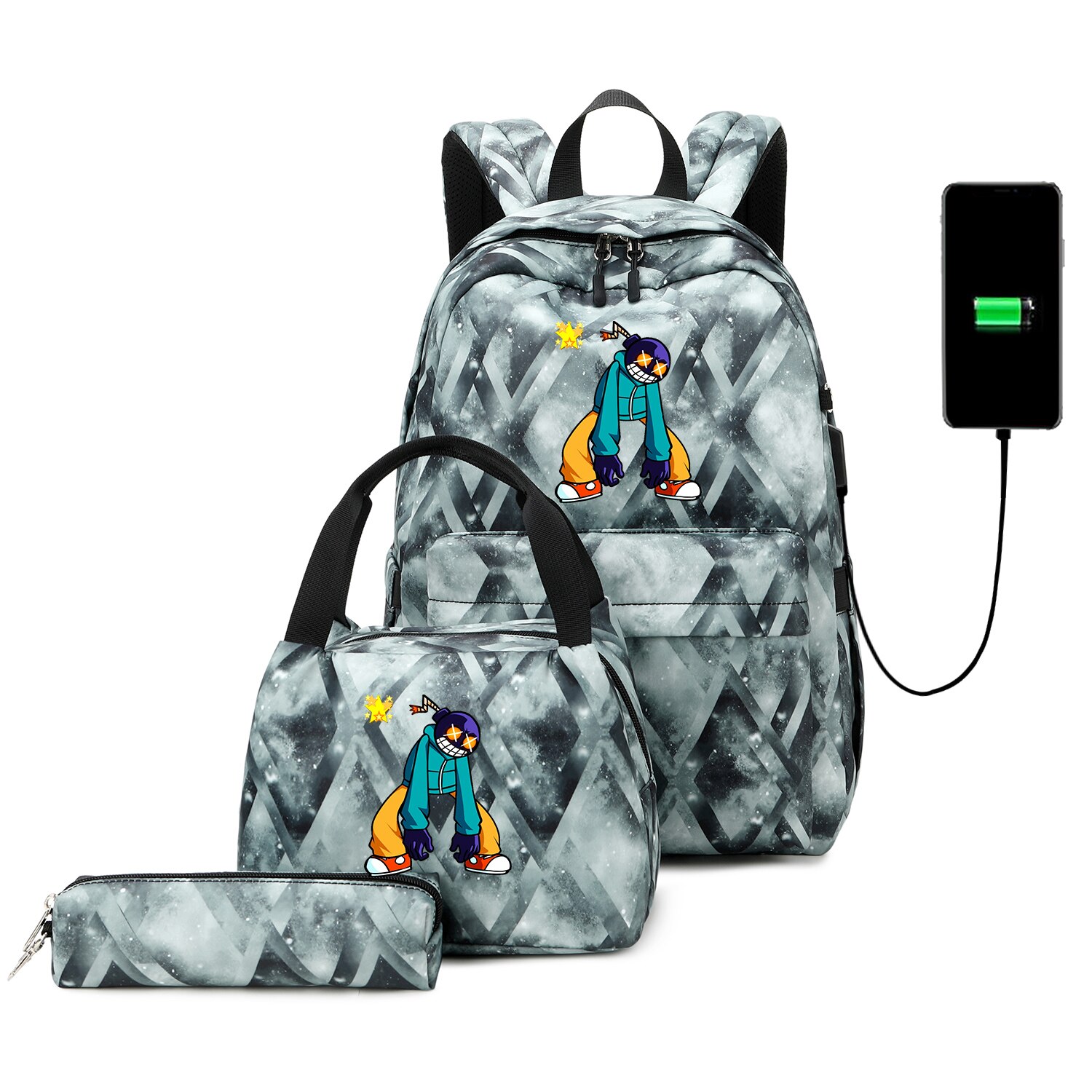 Funkin-mochilas escolares para adolescentes, niños y niñas, juego de Mochila de viaje con carga USB, bolsa de libros para estudiantes, Juego de 3 unids/set: 013