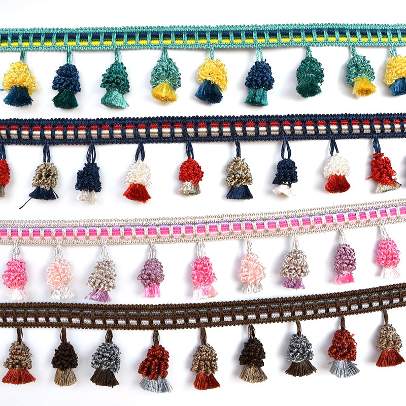 2 yard / lot flerfärgad hängande bollridå spets tofs frans kläder tillbehör hem textil pom spets trim dekoration