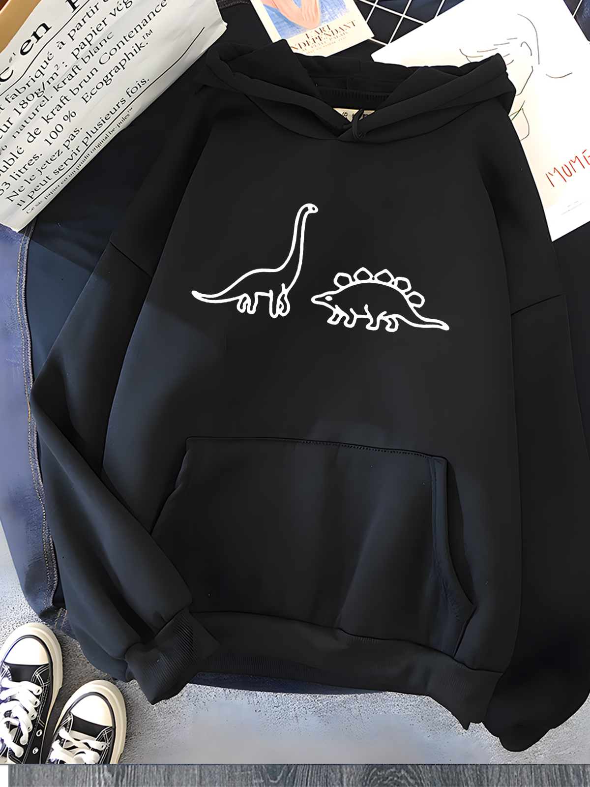 Hirsionsan-sudaderas con capucha con estampado de dinosaurios Kawaii para mujer, ropa deportiva informal holgada y suave, sudadera de lana para mujer 2023: S / Negro