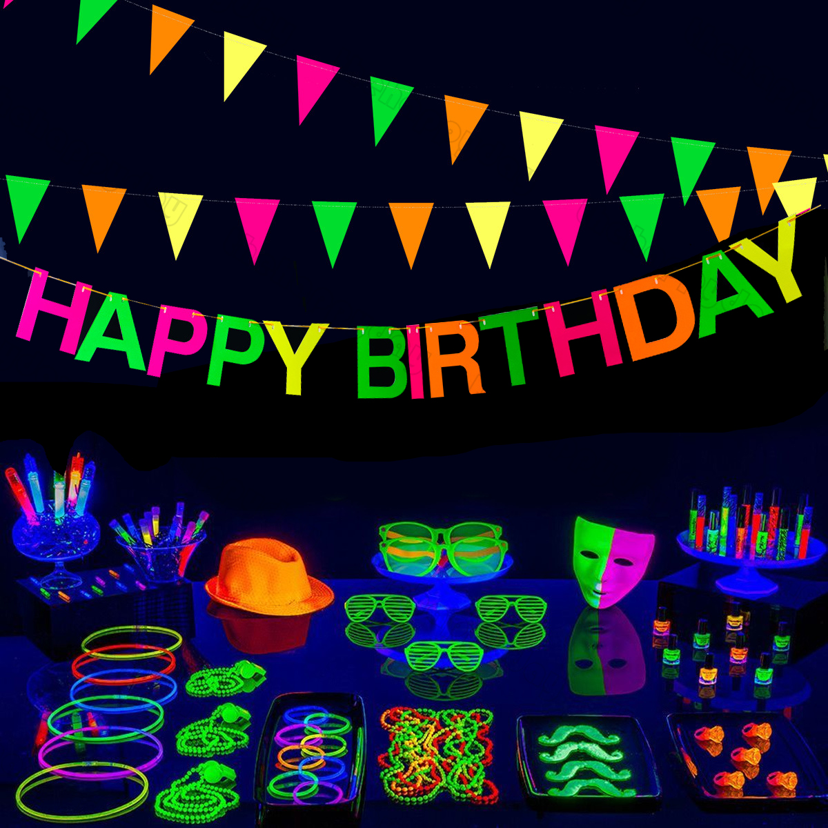 1Set Neon Glow Ballonnen Gelukkige Verjaardag Banner Sterren Fluorescerende Banners Verjaardagsballonnen voor Neon Glow Verjaardagsfeestje Achtergrond