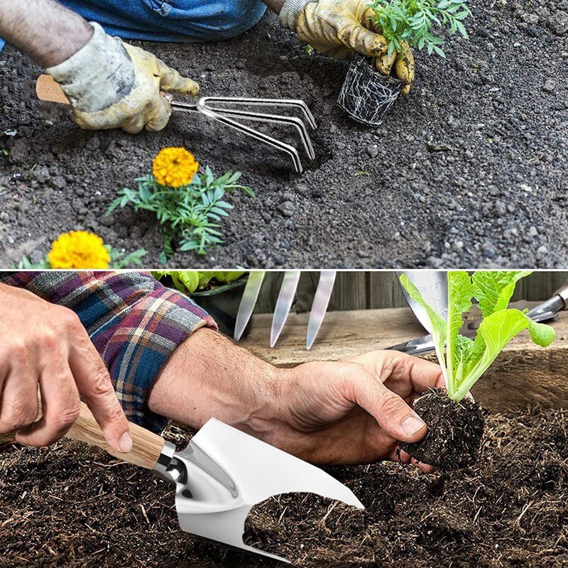 5 Pieces Garden Tool Set, Heavy Duty Gardening Tools With Wood Handle For Transplanting Digging, Garden Hand Tools