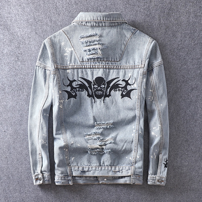 American Streetwear Men Jackets Bat Skull Embroidery Punk Ripped Coats Casual Outwear Hip Hop Denim Jackets Men