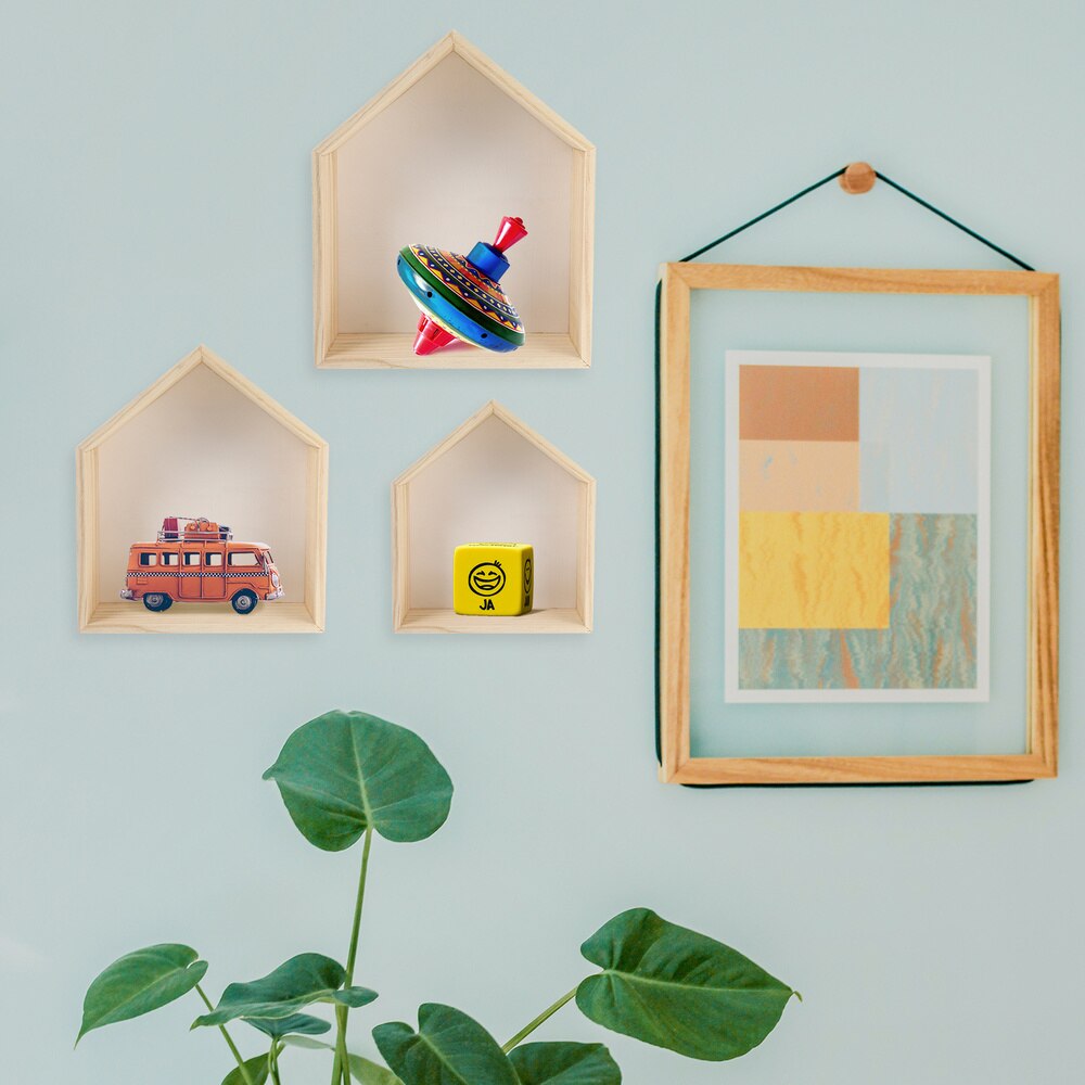 3Pcs Wall Mount Huishouden Opbergrek Huis Vorm Houten Display Plank