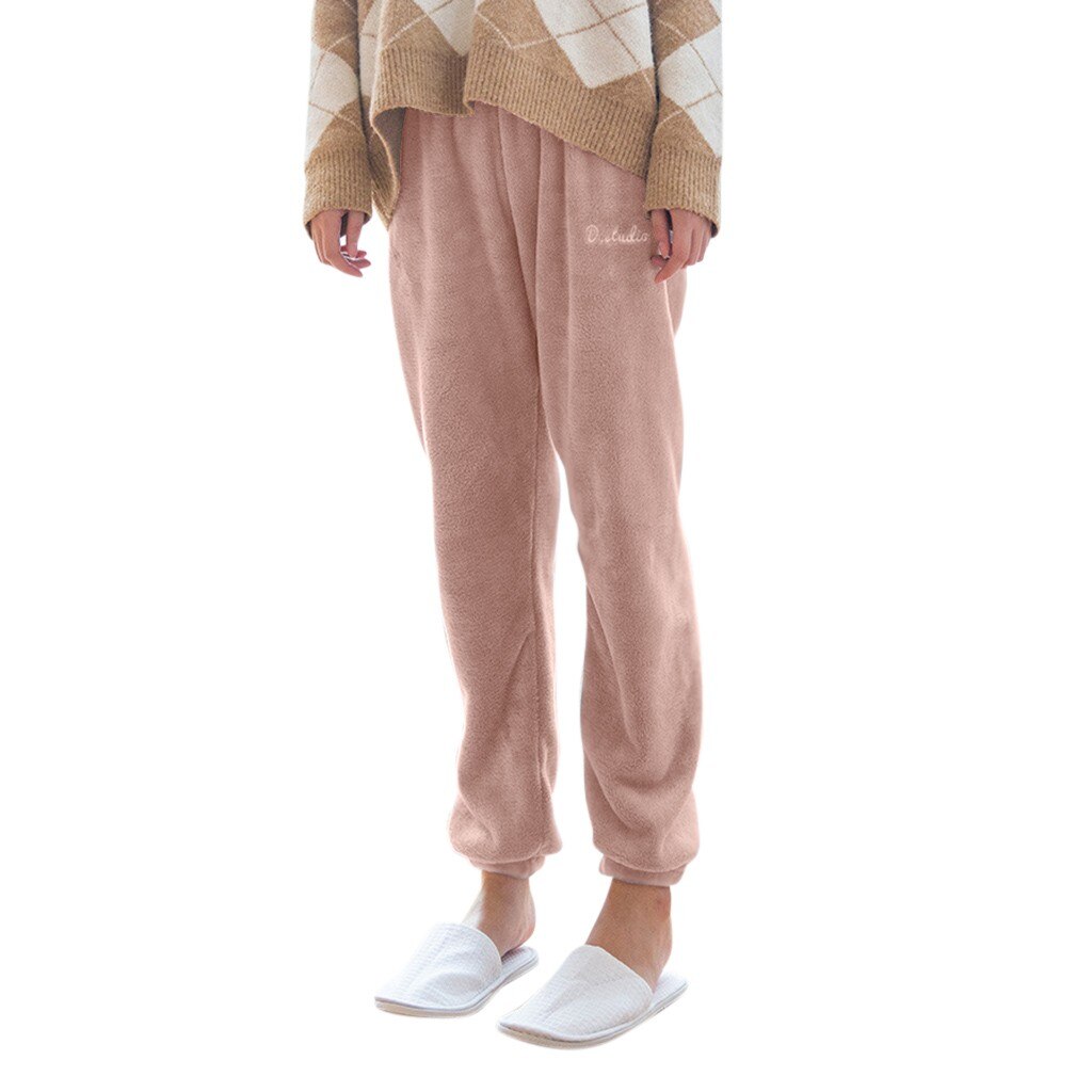 Pantalones de pijama de franela para mujer, ropa de dormir de invierno, informal, suave, para uso diario, gruesa, de terciopelo, largos, sueltos y cálidos: Rosa