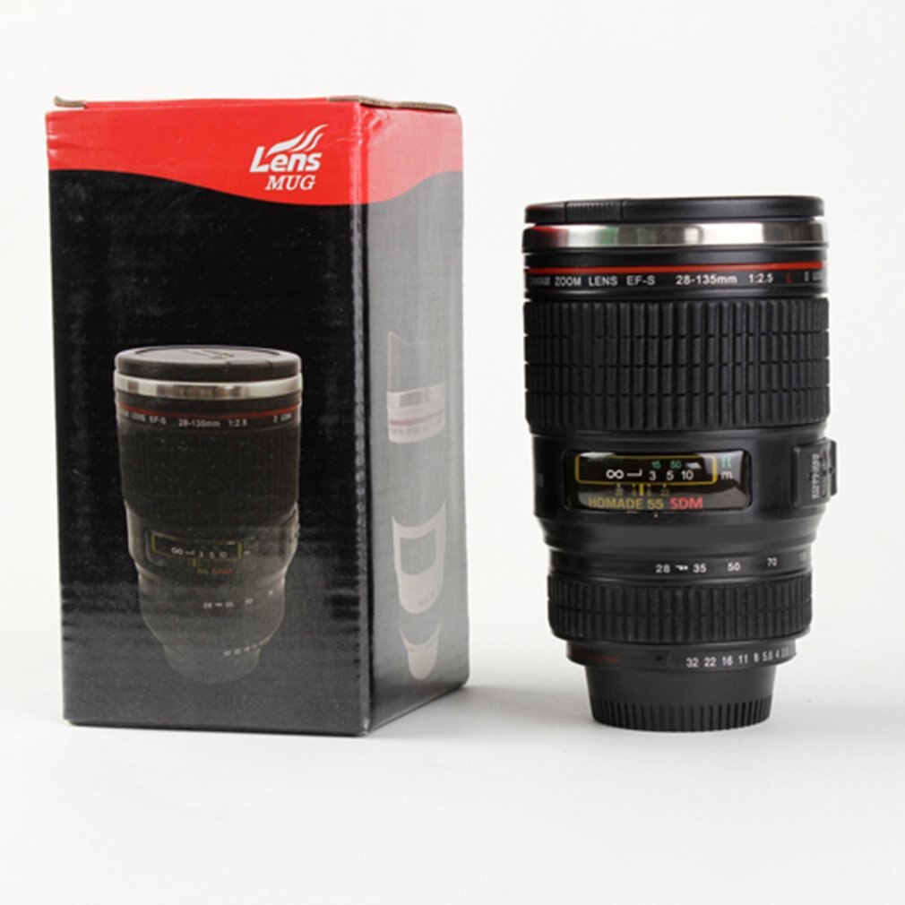 Kreative spaß schwarz weiß edelstahl objektiv tasse kreative isolierung tasse realistische kamera objektiv tasse spaß: Schwarz