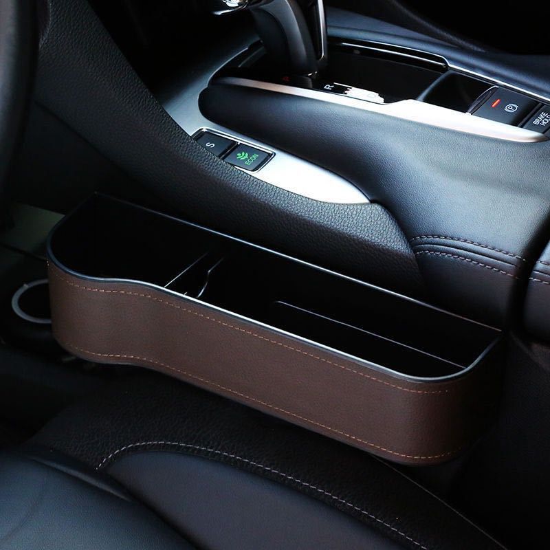 Caja de almacenamiento de cuero PU para hueco de asiento de coche, organizador de bolsillo multifuncional, soporte para botella de teléfono, accesorios para coche: Leather-Left 3