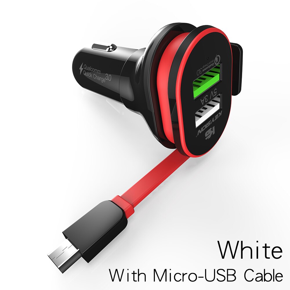 KEYSION-cargador rápido 3,0 para coche, adaptador de viaje para teléfono móvil con Cable, QC 3,0 + 5V/3A, 33W, 2 puertos: Black With Micro-USB