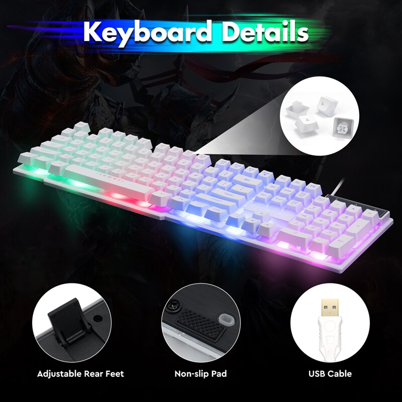 Gaming tangentbord och mus combo led andning bakgrundsbelyst usb trådad full key färgglad mus 3200 dpi mekanisk känsla
