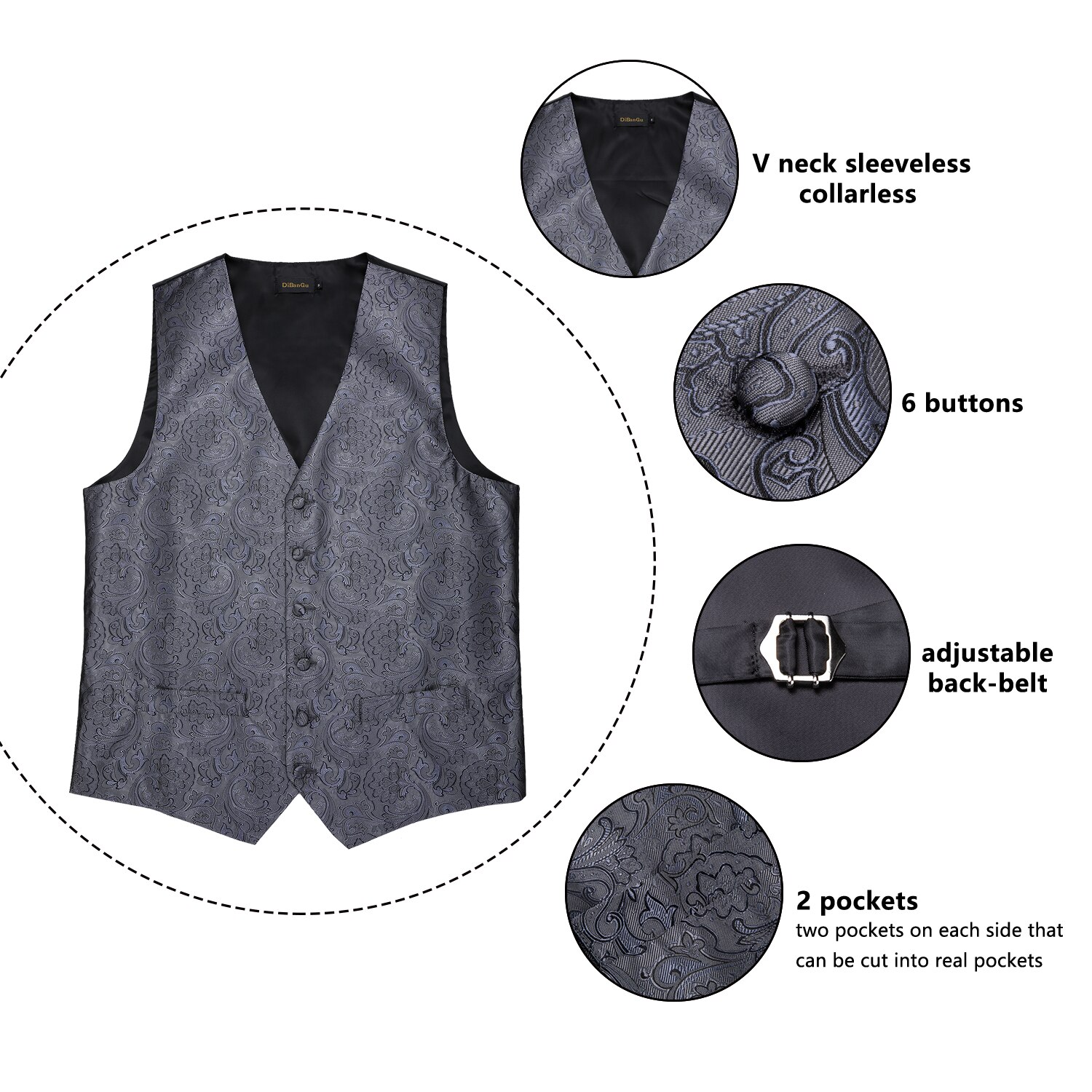 DiBanGu – gilet de smoking avec poche et nœud papillon pour homme, Blazer formel, gris foncé, argent, rouge, fête de mariage, ensemble carré