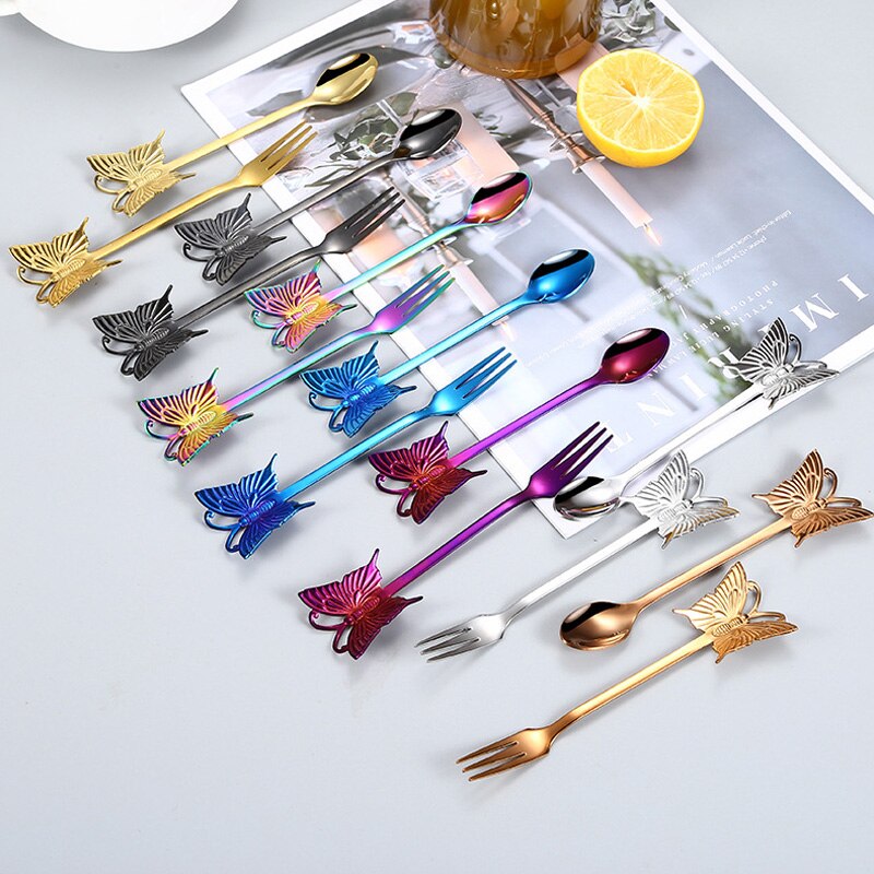 Cuillère à café en acier inoxydable 304, cuillère à café pour Dessert au sucre plaqué or, fourchette à fruits, polissage miroir poignée papillon, vaisselle 1 pièce
